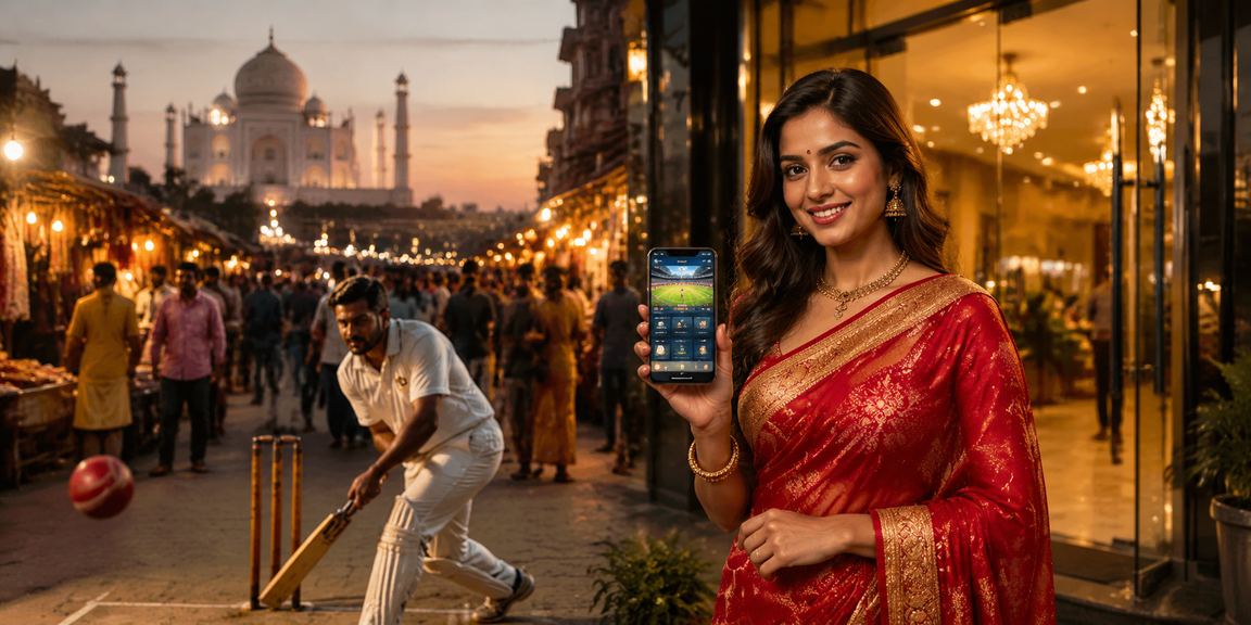 A cricket betting scene near Taj Mahal in Agra using mobile devices
