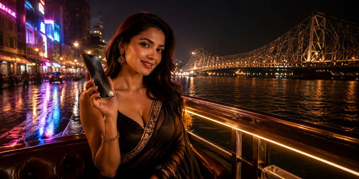 Teen Patti gaming inspired by Howrah Bridge with neon lights in Kolkata